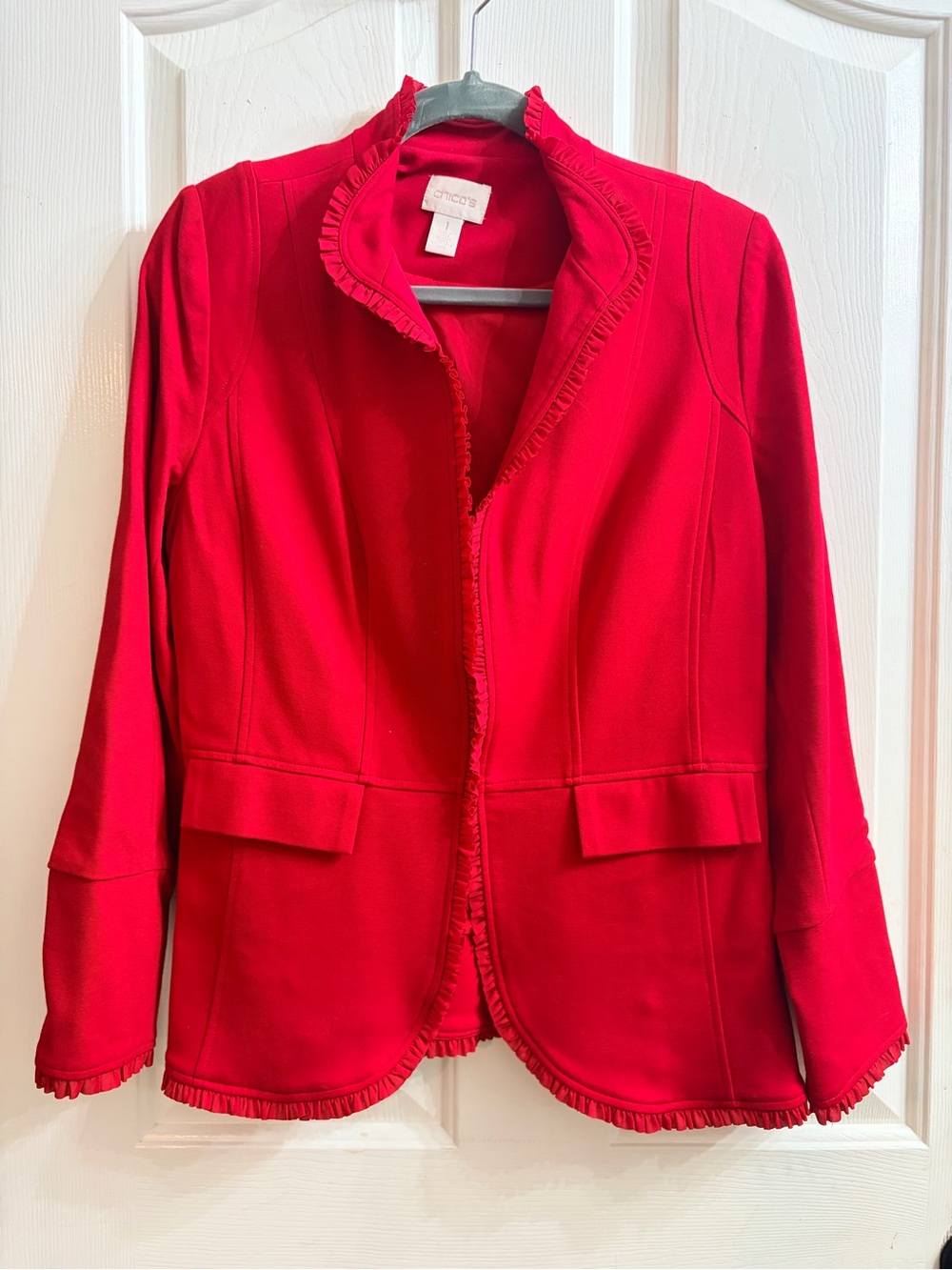 Chico's Bright Red Ruffle-Trim Knit Blazer